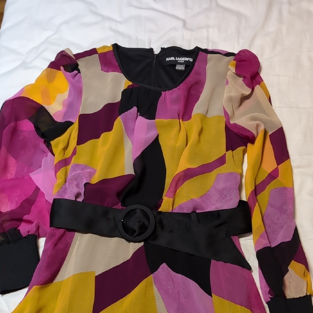 Karl Lagerfeld Vibrant Abstract Long Sleeve Feminine Flowy Dress - Picture 5 of 8